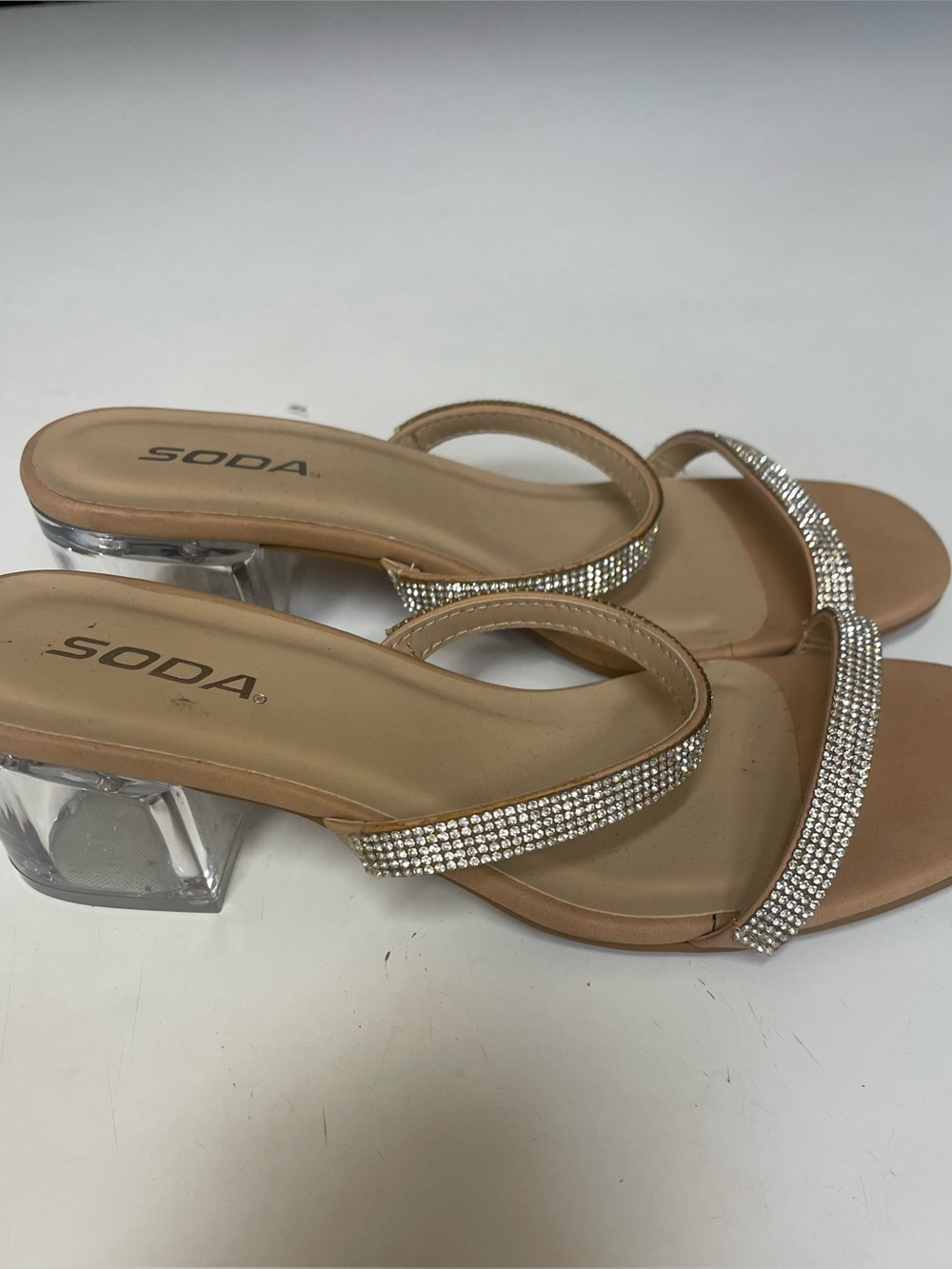 SODA Brand Women's Nude Rhinestone Strappy Clear Block Heel Sandals Size US 9